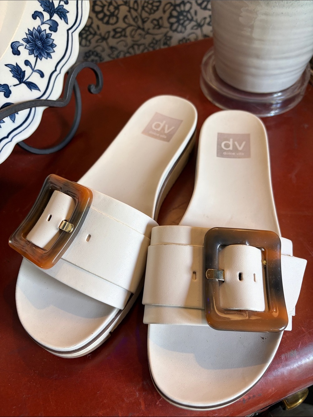 DV by Dolce Vita Cream Slide Sandals with Tortoiseshell Buckle Accent